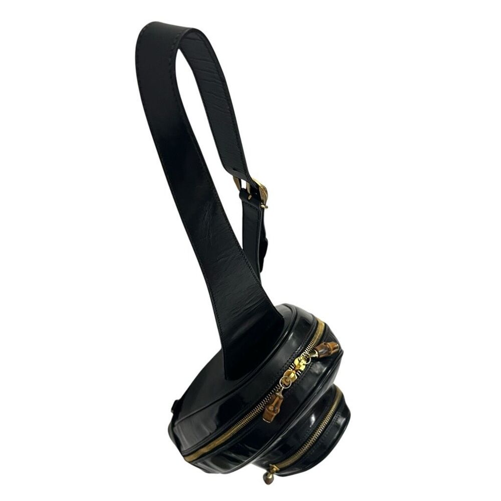 GUCCI Patent Leather Backpack Black Two Way w Strap Messenger Bag Bamboo Handle - Picture 8 of 12